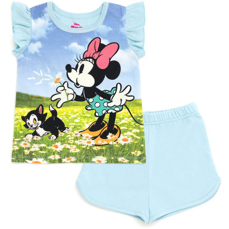 Disney Minnie Mouse Lilo & Stitch Little Mermaid Ariel Floral Baby Girls T-Shirt and French Terry Shorts Outfit Set Infant, 1 of 6