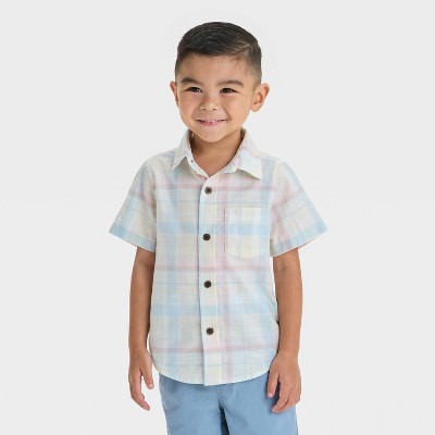 Toddler Boys' Short Sleeve Poplin Button-Up Shirt - Cat & Jack™ Cream/Blue/Pink