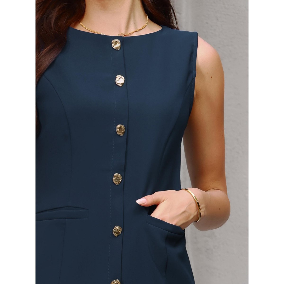 Женские платья INSPIRE CHIC Women's Sleeveless Boat Neck Button Decor 2026 Work Office Sheath Midi Dresses X-Large Navy Blue — фото 4