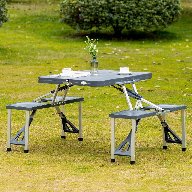 Outsunny Portable Foldable Camping Picnic Table Set with Four Chairs and Umbrella Hole, 4-Seats Aluminum Fold Up Travel Picnic Table, 3 of 8