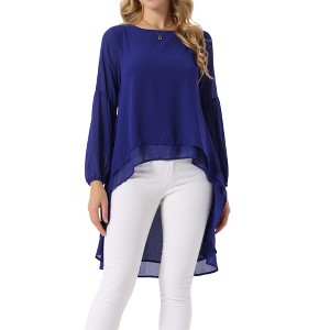 Seta T Women's Lantern Long Sleeve Round Neck High Low Irregular Hem Casual Blouse - 1 of 4