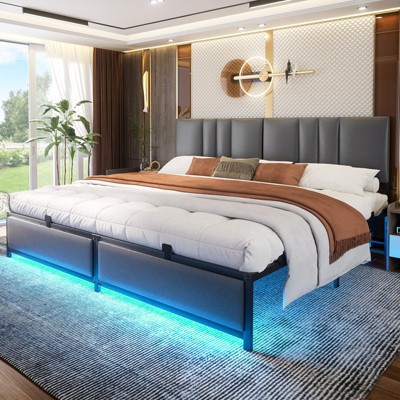 Aheaplus Headboards with LED Light, Height Adjustable Bed Frame with Headboard