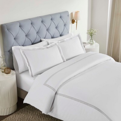 California King White Cotton Duvet Cover Set with Silver Embroidery