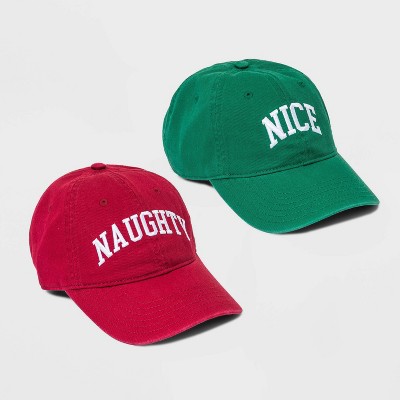 Mighty Fine Adult Naughty and Nice Christmas Baseball Hat 2pc Set - Red/Green