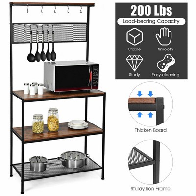 Industrial Black and Brown 4-Tier Kitchen Baker's Rack with Hooks