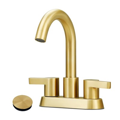 Cobbe Brushed Gold 4 Inch Centerset Bathroom Faucet, Bathroom Vanity Lavatory Faucets for Sink 3 Hole 2 Handle, Swivel Spout with Brass Drain Assembly