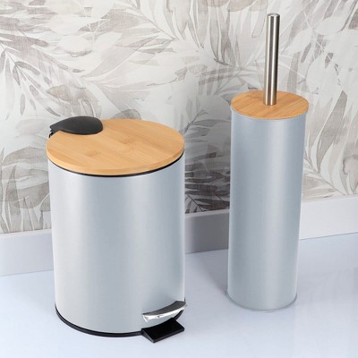 Evideco French Home Goods Bathroom Set with Bamboo Lid - Matte Metal Trash Can and Toilet Brush
