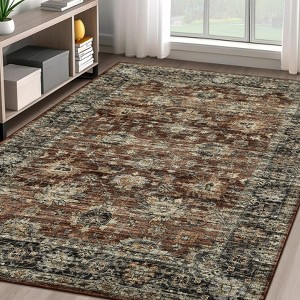 Vintage Distressed Large Living Room Rug for Bedroom, Oriental Soft Low-Pile Indoor Accent Carpet, Non-Skid, Machine Washable, Brown - 1 of 4