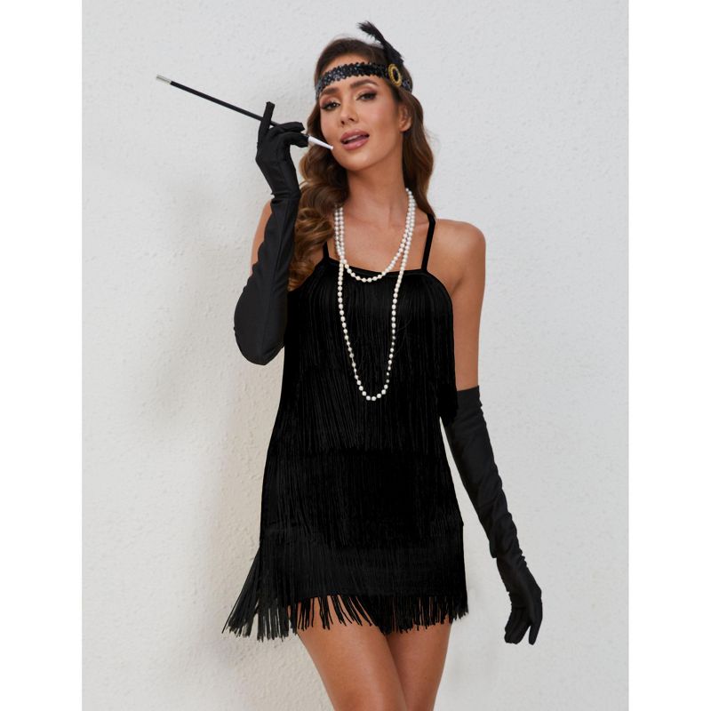 Womens Roaring 20s Costumes Flapper Dress 1920s Vintage Fringe Dress Cocktail Theme Party Dress Black XL