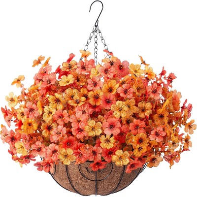 Artificial Faux Hanging Plants Flowers Basket for autumn Outdoor Outside Decoration, Fake Silk UV Sun Resistant Look Real Colorful Daisy Eucalyptus