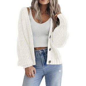 Zeagoo Women's 2025 Fall Chunky Knit Cardigans Open Front Long Sleeve V Neck Button Loose Cardigan Sweaters - 1 of 4