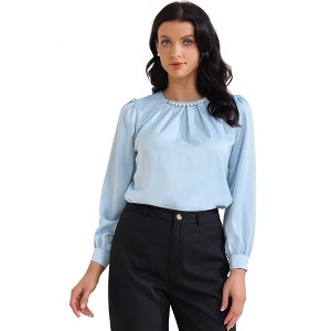 INSPIRE CHIC Women's Elegant Pearl Decor Ruched Crew Neck Long Sleeve Dressy Office Blouse - 1 of 4
