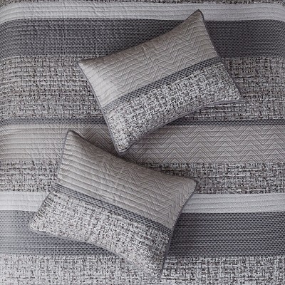 Full/Queen Grey and Taupe Reversible Jacquard Quilt Set