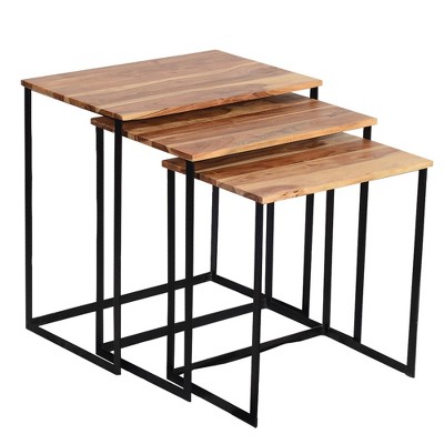 Set of 3 Wooden Nesting Coffee End Tables with Metal Base Brown/Black - The Urban Port