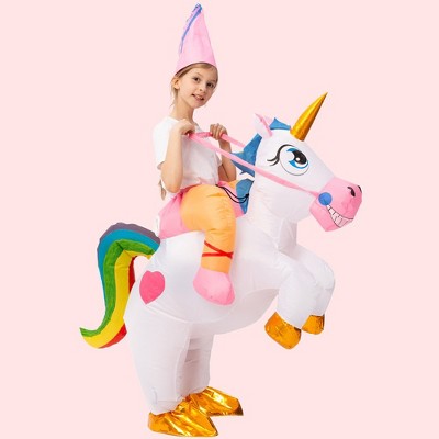 Joyfy Kids Halloween Inflatable Unicorn Costumes, Riding a Unicorn, Ride-on Air Blow-up Unicorn Costume with Hat