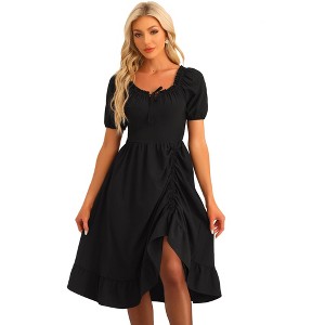 Allegra K Women's Vintage Ruffle Square Neck Smocked Back Ruched High Low Ruffle Midi Corset Dress - 1 of 4