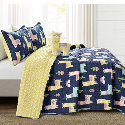 Navy and Yellow Reversible Microfiber Twin Quilt Set for Girls
