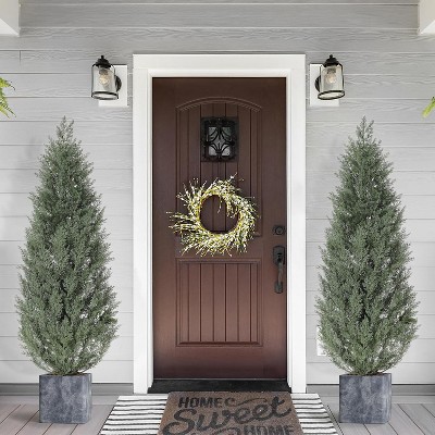 5 Ft Artificial Topiary Trees Set of 2, Uv Resistant Faux Cedar Porch Tree with Decorative Grass, for Indoor Outdoor Decorations
