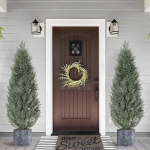 5 Ft Artificial Topiary Trees Set of 2, Uv Resistant Faux Cedar Porch Tree with Decorative Grass, for Indoor Outdoor Decorations - 1 of 4