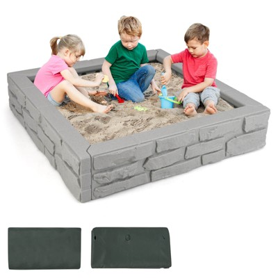 Safstar Kids Sandbox w/ Cover Bottom Liner Backyard Beach HDPE Sandpit for Outdoor Play