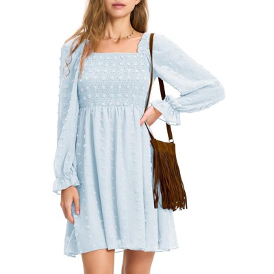 EXLURA Women's 2025 Summer Long Sleeve Party Swiss Dot Dress Smocked Ruffle Cocktail Mini Dresses