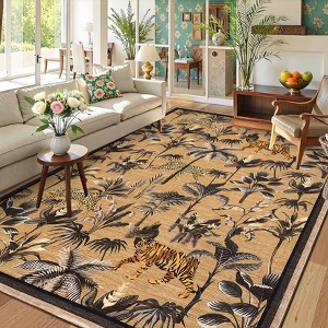 Living Room Rug Jungle Tiger Area Rug Plant Rugs Low Pile Non Shedding Soft Accent Carpet for Bedroom, Dining Room - 1 of 4
