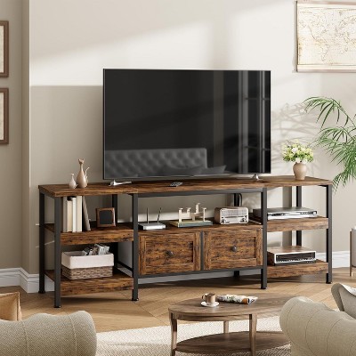 Homhougo 79" Modern-Industrial TV Stand with 2 Fabric Drawers, Entertainment Center for TVs Up to 85", Media Console with Storage Shelves, Brown