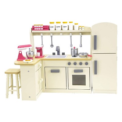 Playtime by Eimmie Real Wooden Kitchen Dollhouse Furniture with Fridge, Counter, Stool, and Accessories for 18 Inch Dolls, Ages 3 Years and Up