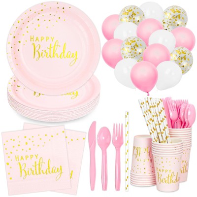 DYLIVeS 192pcs Pink & Gold Dots Happy Birthday Party Pack, Disposable Plates, Napkins, Cups, Straws, Balloons, Cutlery - Serves 24