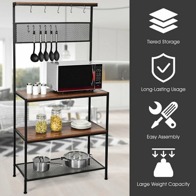 Industrial Black and Brown 4-Tier Kitchen Baker's Rack with Hooks