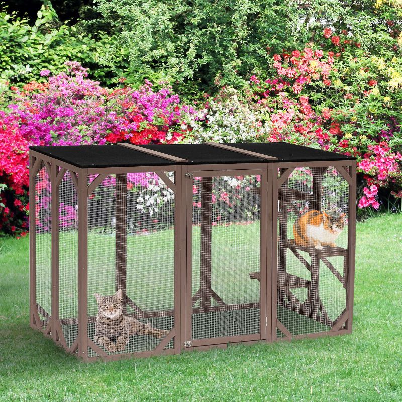 PawHut Wooden Outdoor Cat House Catio Kitten Enclosure Indoor Cage with Asphalt Roof, Multi-Level Platforms and Large Enter Door - 71"L, 4 of 10