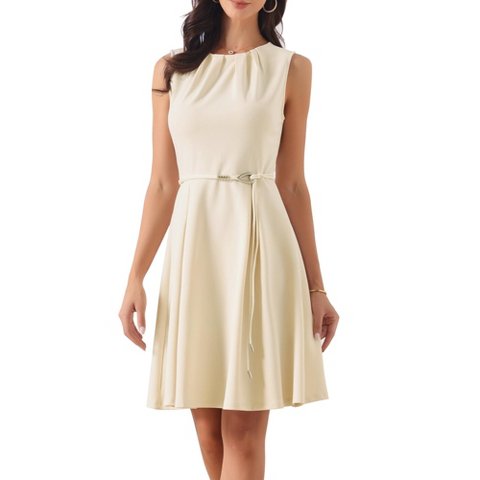 Женские платья INSPIRE CHIC Women's Work Sleeveless Pleated Crew Neck A-line Mini Dresses with Belt Large Beige