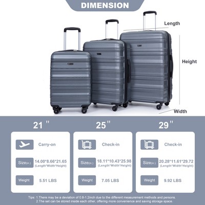 Vynxaria 3-Piece Gray PC Expandable Luggage Set 21/25/29" with Two Hooks Spinner Wheels TSA Lock
