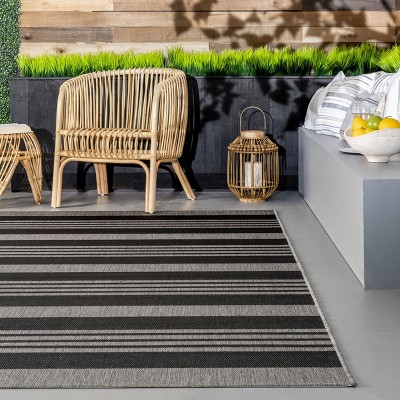 Gray Striped Synthetic 4' x 6' Easy-Care Outdoor Rug