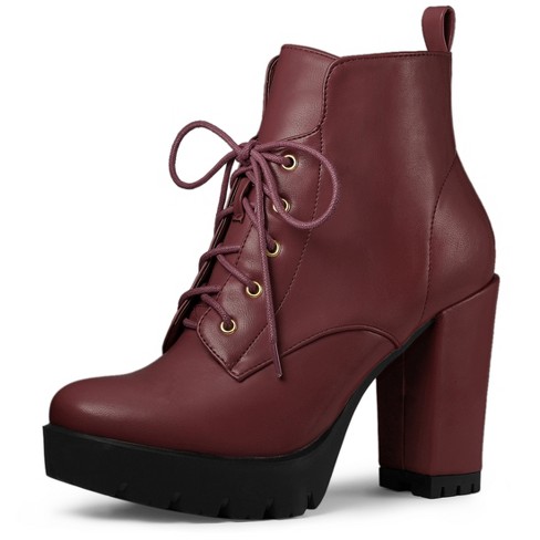 Allegra K Women's Lace Up Chunky Heel Burgundy Ankle Booties 5.5 M