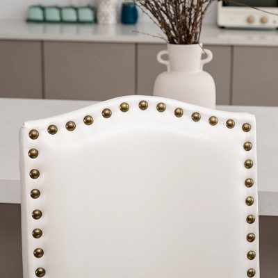 Set of 2 Cream White Leatherette Studded Barstools with Wood Legs