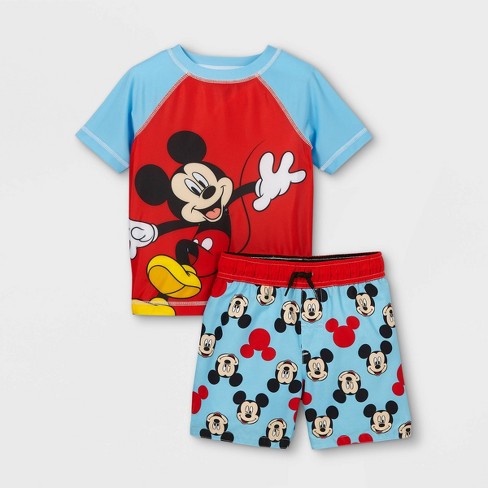 Disney Mickey Mouse Swim Rash Guard Swim Trunks Set Red/Navy