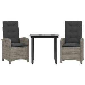vidaXL 3 Piece Patio Dining Set - Adjustable Reclining Chairs with Cushions & Glass Tabletop, PE Rattan, Gray - 1 of 4