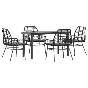 vidaXL 5 Piece Patio Dining Set with Cushions-Black Poly Rattan Outdoor Furniture-Glass Tabletop-Garden/Backyard/Patio al Fresco Seating - 1 of 4