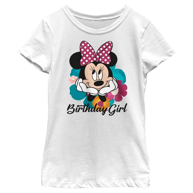 Girl's Minnie Mouse Birthday Girl Flowers T-Shirt, 1 of 5