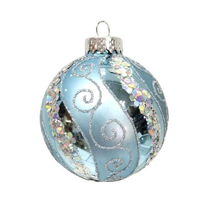 80MM Silver Blue Sequin Glass Ball Ornaments Set of 6