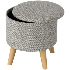 Round Ottoman Stool with Storage, Linen Upholstered Foot Stool with Padded Seat, Hidden Space and Wood Legs - 1 of 4