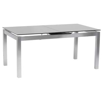 IvanExtendable Dining Table in Brushed Stainless Steel and Gray Tempered Glass Top - Armen Living