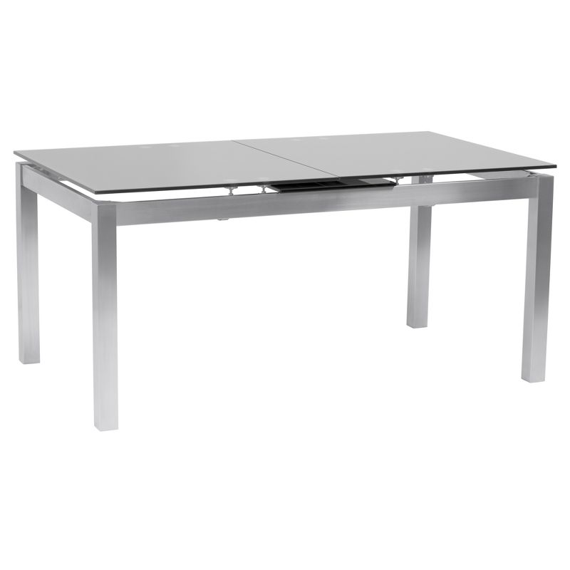 IvanExtendable Dining Table in Brushed Stainless Steel and Gray Tempered Glass Top - Armen Living, 1 of 9