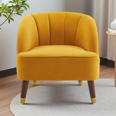 Velvet Barrel Accent Chair with Curved Tufted Back and Rubberwood Legs