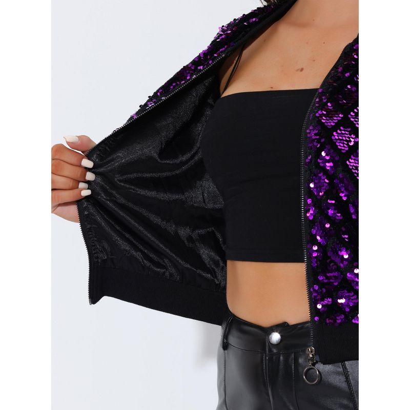 Allegra K Women's Sequin Long Sleeve Zipper Up Glitter Bomber Jacket, 5 of 6