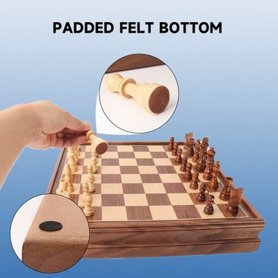 15" Wooden Chess and Checkers Board Game Set with Storage Drawer