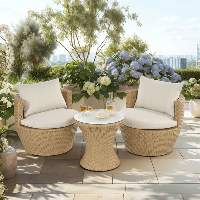 Outdoor Patio Dining Set, 3 Pcs Dining Set with Chairs and Glass Tabletop, Wicker Chairs with Aluminum Frame and PE Cushions-Coolbibila