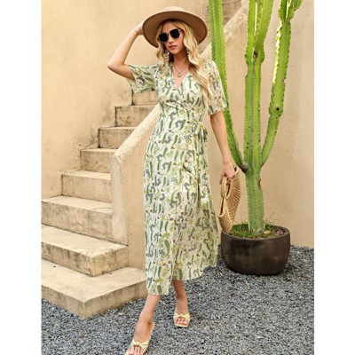 YesFashion Women's Summmer Dress Casual Boho Short Sleeve Long Dress Wrap V Neck Tunic Midi Sundress with Belt