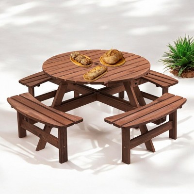 8-Person Wooden Picnic Table with 4 Built-in Benches, Outdoor Camping Dining Table with Umbrella Hole for Garden, Patio, DIY Customizable